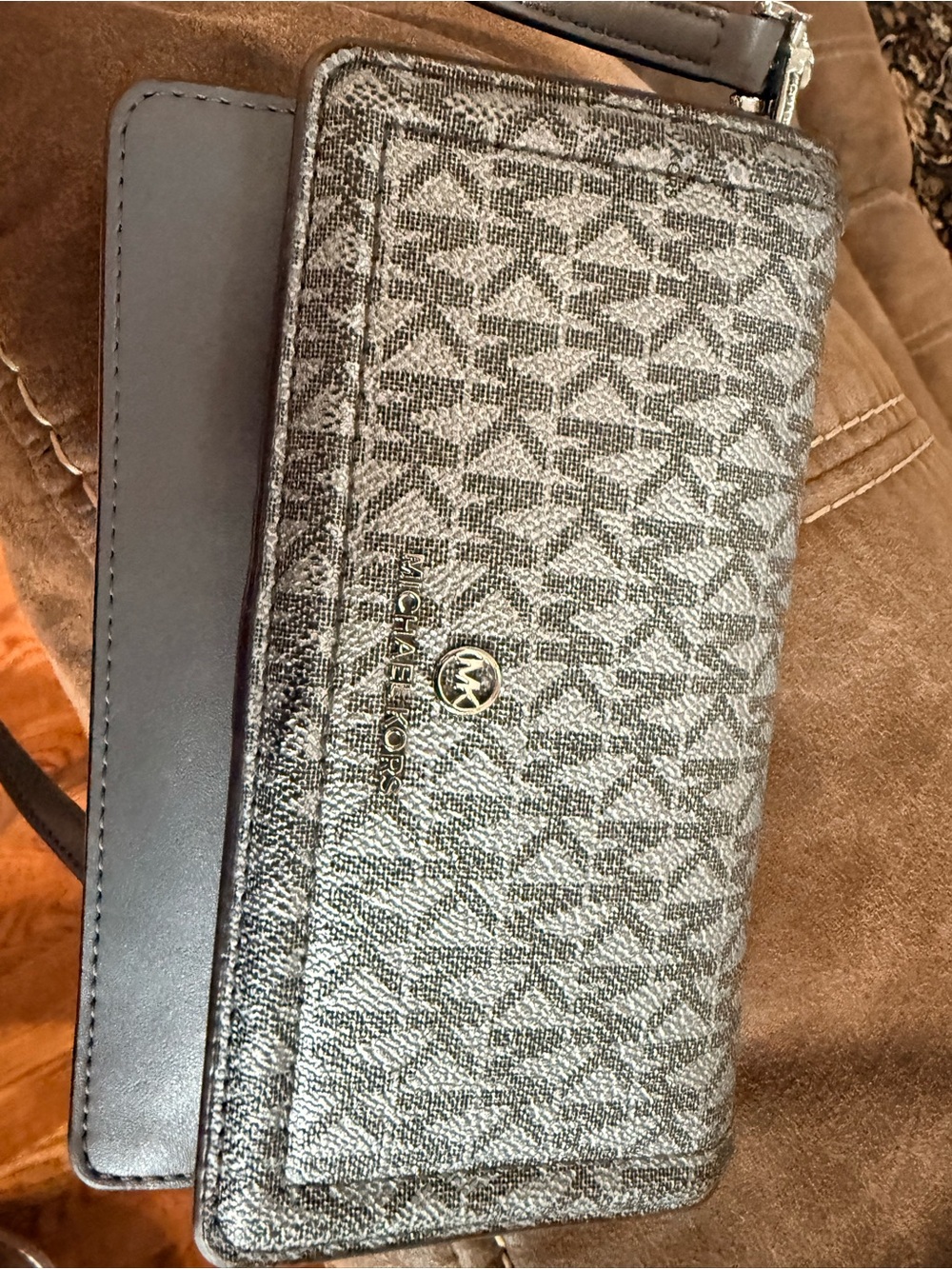 Michael Kors Silver Gray Monogram Flap Wallet Crossbody